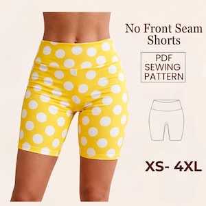 Peut inclure: Shorts de cycliste jaunes à pois blancs. Les shorts ont une taille haute et sont faits d'une matière extensible. Le texte sur l'image indique "No Front Seam Shorts", "PDF Sewing Pattern" et "XS-4XL".