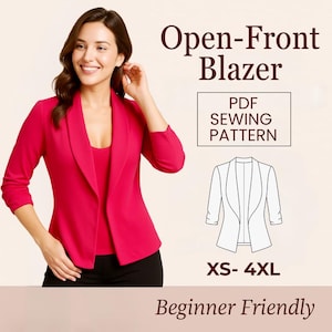 Può includere: Una donna indossa un blazer rosa acceso con apertura frontale. L'immagine include il testo "Open-Front Blazer" e "PDF Sewing Pattern". Il modello è disponibile nelle taglie XS-4XL ed è etichettato come "Beginner Friendly".