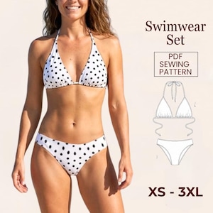 Puede incluir: Un bikini blanco con lunares negros, que incluye un top de cuello halter y una braga a juego. El texto dice Swimwear Set, PDF SEWING PATTERN y XS - 3XL. Se incluye un dibujo técnico de líneas del bikini para mostrar los detalles.