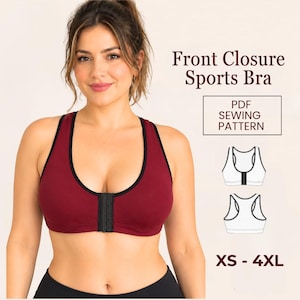 May include: A maroon sports bra with black trim and a front hook-and-eye closure. The image includes text reading Front Closure Sports Bra, PDF SEWING PATTERN, and XS - 4XL, alongside two line-art diagrams showing the front and back views.