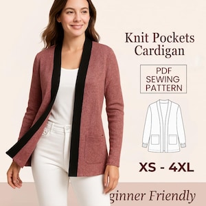 May include: A woman wearing a dusty rose knit cardigan with black trim and pockets. The image includes text that reads "Knit Pockets Cardigan", "PDF Sewing Pattern", "XS - 4XL", and "Beginner Friendly".