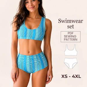 Puede incluir: Un conjunto de baño de dos piezas con un patrón geométrico en azul y verde azulado. Incluye un top corto de cuello redondo y una braga de talle alto. El texto dice: Swimwear set, PDF SEWING PATTERN, XS - 4XL, junto a un dibujo lineal.