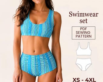 Patron de couture PDF pour ensemble de maillot de bain, bas de bikini taille haute, haut de maillot de bain à col rond, tailles XS à 4XL.