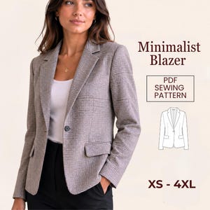 May include: A woman wearing a houndstooth-patterned blazer. The blazer is a neutral color with a single-button closure and two front pockets. The image includes the text "Minimalist Blazer" and "PDF Sewing Pattern", with sizes XS - 4XL.