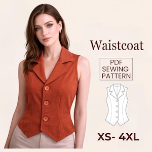 以下が含まれることがあります： ノッチ付きラペルと3つのマッチングボタンが付いたオレンジ色のベスト。画像には「Waistcoat」と「PDF Sewing Pattern」のテキスト、ベストの線画、サイズ範囲「XS-4XL」が含まれています。