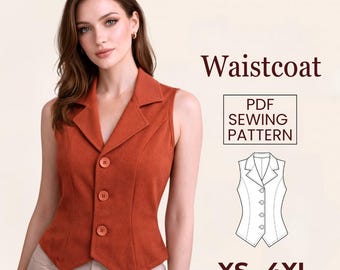 Modèle de couture PDF pour gilet sur mesure, gilet blazer sans manches pour femme (XS-4XL)