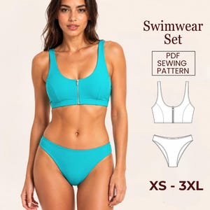 Pode incluir: Um conjunto de biquíni de duas peças em turquesa brilhante, composto por um top com decote redondo e fecho de correr central à frente e uma cueca a condizer. A imagem inclui o texto Swimwear Set, PDF SEWING PATTERN e XS - 3XL.