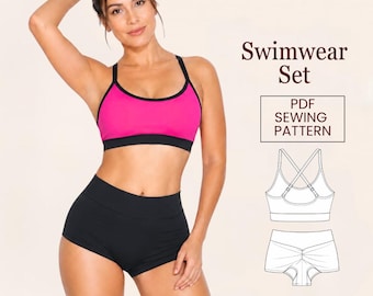 Patron de maillot de bain PDF | Ensemble soutien-gorge de sport et short taille haute | Patron de bikini femme | Téléchargement instantané | XS-4XL