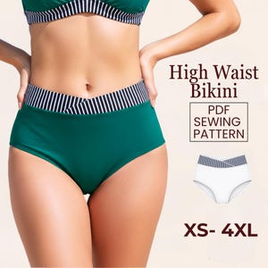 ハイウエストビキニボトムの縫製パターン、Vクロスオーバー水着PDF（XS-4X）