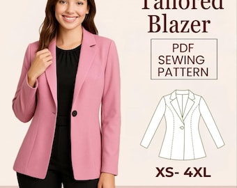 May include: A pink tailored blazer with a black button, worn over a black top and black pants. The image includes text that reads "Tailored Blazer PDF Sewing Pattern" and "XS-4XL Beginner Friendly".