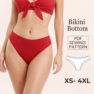Könnte beinhalten: Roter Bikini-Slip mit hohem Bund. Das Bild enthält den Text "Bikini Bottom", "PDF Sewing Pattern" und "XS- 4XL". Der Bikini-Slip ist Teil eines Badeanzug-Sets.
