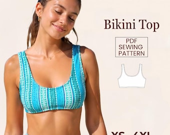 Patron de couture PDF pour haut de bikini à col rond femme | Haut de maillot de bain brassière XS-4X | Patron de maillot de bain à faire soi-même