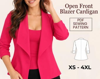 Unlined Knit Blazer Sewing Pattern: Open Front, XS-4XL (PDF Pattern)