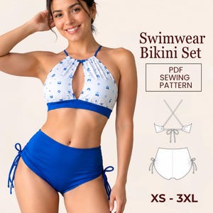 May include: A two-piece swimwear bikini set featuring a white halter top with a blue floral pattern and a solid blue high-waisted bottom with side ties. The text reads Swimwear Bikini Set, PDF SEWING PATTERN, and XS - 3XL.