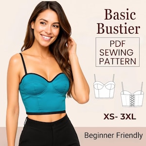 Puede incluir: Se muestra un bustier turquesa con ribetes y correas negras. La imagen incluye el texto "Basic Bustier PDF Sewing Pattern", "XS-3XL" y "Beginner Friendly". También se muestran dos dibujos lineales de bustiers.
