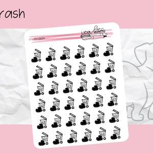 May include: A sheet of stickers featuring a repeating pattern of black trash cans with a heart-shaped object inside. The word "trash" is written in black at the top, with the brand name "LICIA letters" and a pen illustration.