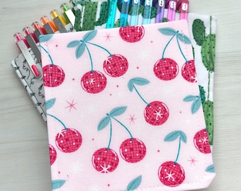 pen pocket pen pencil organizer bag gift for school or purse - disco cherries (front/back)