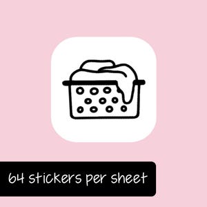 May include: A square white sticker icon featuring a black line drawing of a laundry basket filled with clothing. Below the icon, a black rectangular label displays the white text 64 stickers per sheet in a simple, clean sans-serif font.