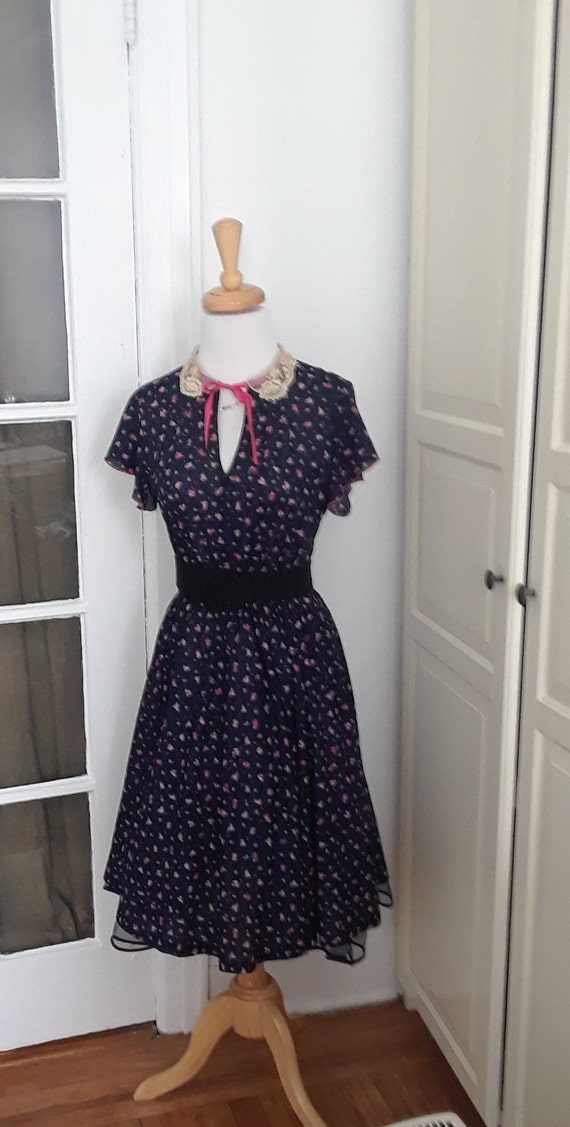 40s Style 70sDress, Full Skirt, Swing, Navy Flora