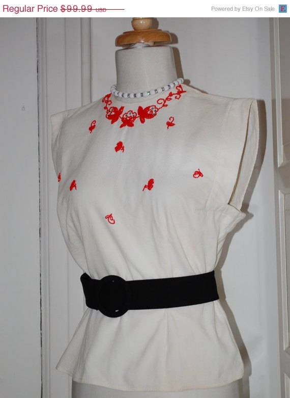 50s Blouse, Beaded, 1950s, Morlove, White Pique, R