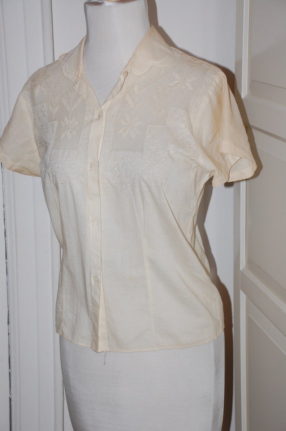 40s, 50s Blouse, Embroidered, Drawn Work, Cotton,