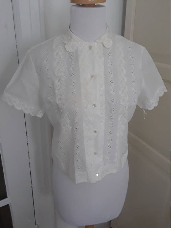 50s Blouse, White, 1950s, NOS, Embroidered, Eyelet