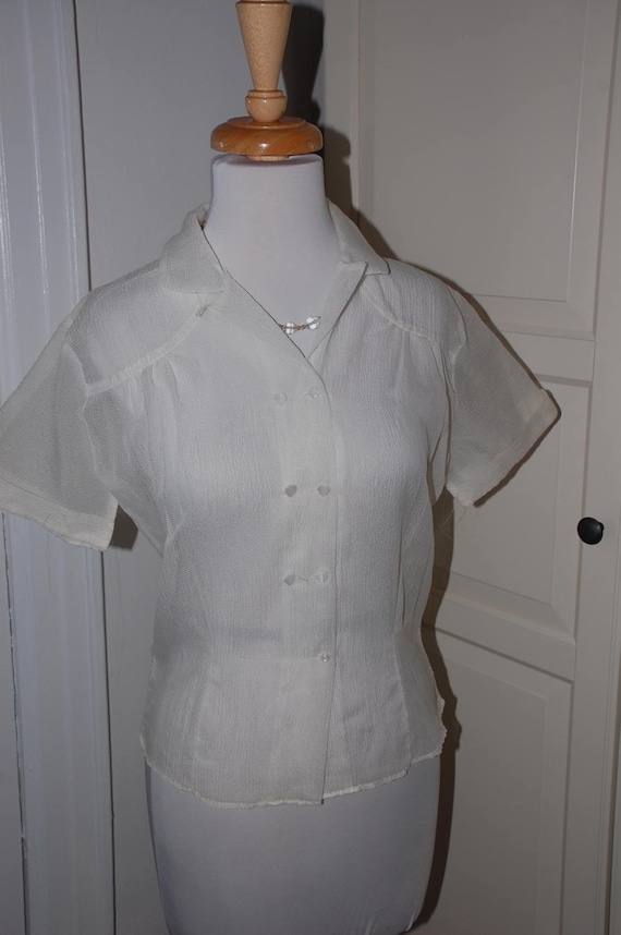 40s, 50s Blouse, White, Sheer, Heart Buttons, Size