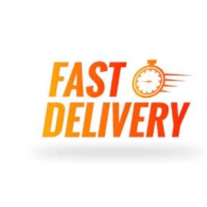 Puede incluir: Texto naranja y amarillo que dice "FAST DELIVERY" con un icono de cronómetro. El texto tiene un efecto degradado, que pasa de naranja a amarillo. El cronómetro tiene un efecto de racha roja, lo que sugiere velocidad.