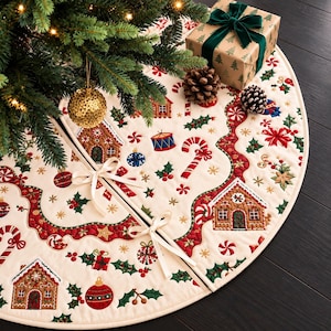 May include: A round, cream-colored quilted Christmas tree skirt featuring embroidered gingerbread houses, candy canes, drums, and holly leaves. The skirt has a wavy red border and is secured with two white ribbon ties at the front opening.