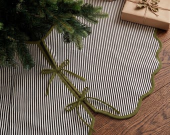 Ticking Stripe Christmas Tree Skirt with Olive Green Scalloped Trim, Vintage Farmhouse Holiday Decor