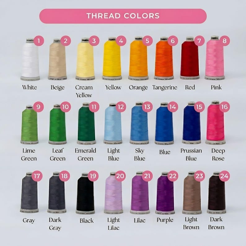 May include: A color chart titled THREAD COLORS displaying twenty-four numbered spools of embroidery thread in various shades including white, beige, yellow, orange, red, pink, green, blue, purple, gray, black, and brown with labels below each.