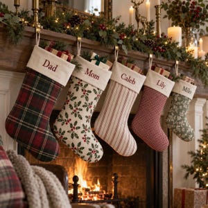 Puede incluir: Cinco calcetines navideños colgantes con puños color crema que presentan los nombres bordados: Dad, Mom, Caleb, Lily y Milo. Los calcetines muestran varios patrones, incluyendo cuadros rojos y verdes, hojas de acebo, rayas rojas y blancas y cuadros vichy rojos.