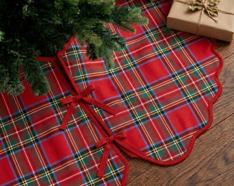 Red Plaid Christmas Tree Skirt – Custom Size, Custom Christmas Tree Skirt, Personalized Holiday Decor Family Name Embroidery