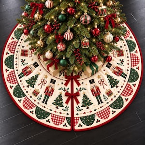 May include: A round Christmas tree skirt featuring a cream-colored base with a repeating pattern of nutcrackers, decorated pine trees, drums, and candy canes. The border has scalloped green and red plaid sections with red velvet bows.