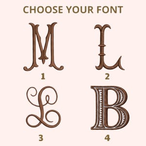May include: A digital display titled CHOOSE YOUR FONT featuring four brown embroidered-style letters labeled 1 through 4. Letter 1 is an M, letter 2 is an L, letter 3 is a cursive L, and letter 4 is a block-style B with white interior detailing.