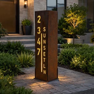 Solar Address Sign, Modern Metal Address Column, Illuminated House Numbers, Custom LED Address Post, Driveway Marker