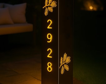 Metal House Number Column with Pine Cones, Rustic Steel Address Post