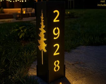 Custom Metal Address Column with House Numbers,  Modern Steel Yard Sign