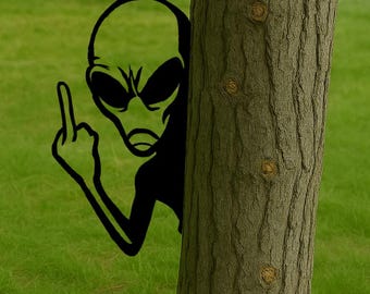 Funny Peek-a-Boo Alien Metal Sign, UFO Yard Art, Outdoor Prank Cutout, 14 Gauge Steel Tree Decor, Halloween Gift, Halloween Yard Decor