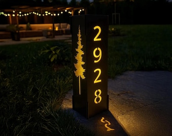 Custom Metal Address Column with House Numbers,  Modern Steel Yard Sign