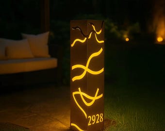 Metal Garden Address Column, Modern Steel Yard Pillar with Custom House Numbers