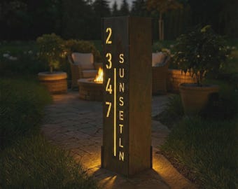 Solar Address Column Light, Modern Metal House Numbers, Illuminated Yard Address Sign, Custom Vertical Street Name Plaque