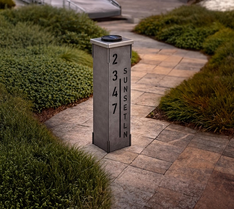 Modern Solar Address Pillar, Lighted House Number Column, Freestanding ...