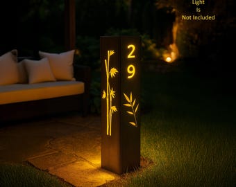 Garden Column House Number Post, Bamboo Metal Address Sign, Modern Garden Light Pillar (No Light), Outdoor Yard Column, Custom Steel Address