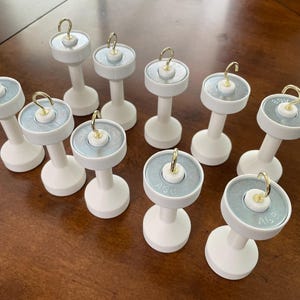 Puede incluir: Una colección de diez objetos blancos en forma de mancuerna, con una parte superior de disco plateado y un gancho dorado. Los objetos están dispuestos sobre una superficie de madera marrón. Los discos plateados tienen las letras "AGB" impresas.