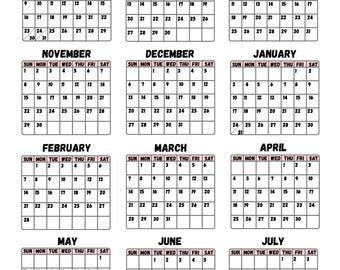 May include: A 2026-2027 academic year calendar featuring twelve monthly grids from August to July. Each month is clearly labeled with the days of the week and corresponding dates arranged in a standard black and white tabular format.