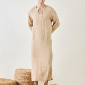 Men&#39;s Beige Cotton Linen Kaftan Robe - Daily Wear