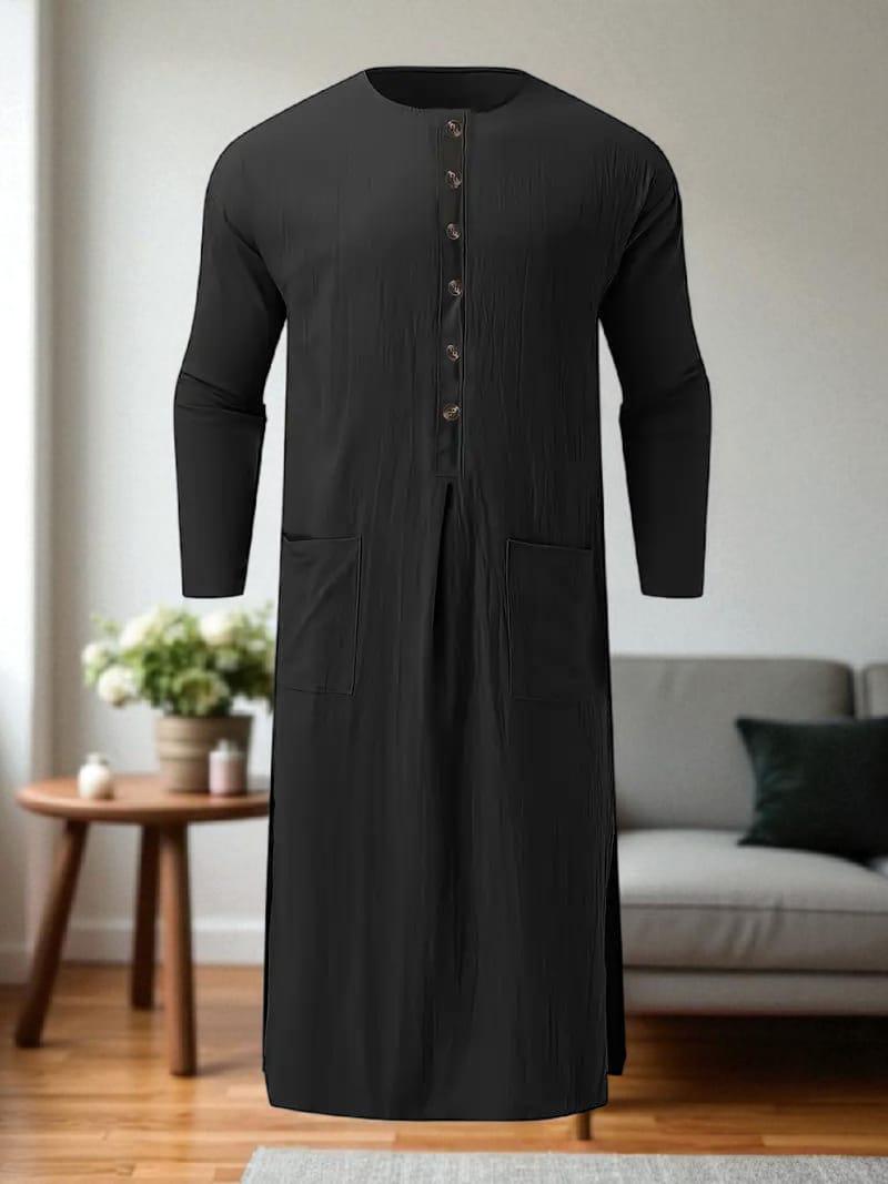 thumbnail image 2 of Men's Muslim Kaftan Thobe - Islamic Long Sleeve Robe, Saudi Arabic Middle Eastern & African Style Tunic 2 of 12