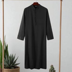 Muslim Men&#39;s Jubba Thobe - Long Sleeve Solid Color Breathable Robes Stand Collar Islamic Arabic Kaftan Men Abaya - Men&#39;s Black Jubba Thobe
