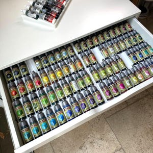 Pode incluir: Uma gaveta branca cheia de inúmeros frascos de tinta pequenos, cada um rotulado com um nome de cor e um logotipo. Os frascos estão dispostos de forma organizada, mostrando uma variedade de tons. Uma bandeja menor acima contém frascos de tinta adicionais.
